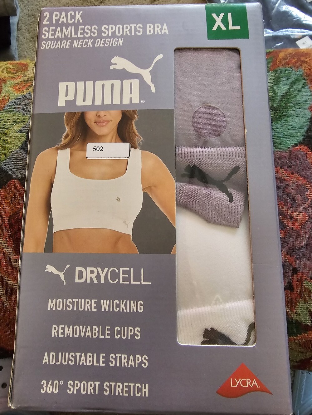 Puma Women's 2-Pack Square Neck Seamless Sports Bra, Purple/White, Size XL